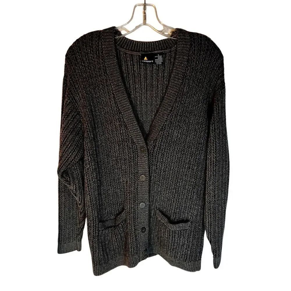 Vintage Liz Sport 100% Cotton Gray Cardigan Sweater Women's Small